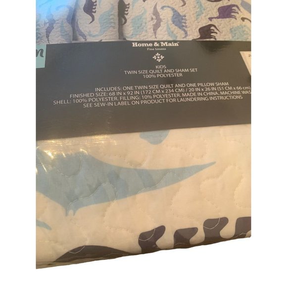 Home & Main Kids Quilt and Sham Set White Blue Dinosaur Pattern Twin Size - Picture 8 of 8